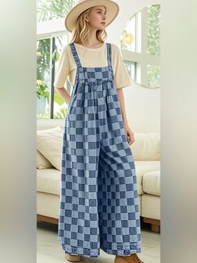 Double Take Checkered Sleeveless Wide Leg Denim Jumpsuit- New